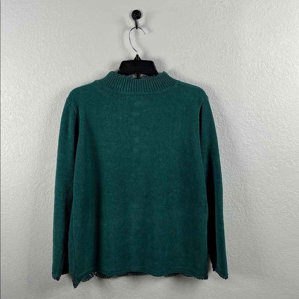 Jenny Women’s Small Dark Green Sweater Crochet Trim Beaded Button Front Floral M - Picture 7 of 8